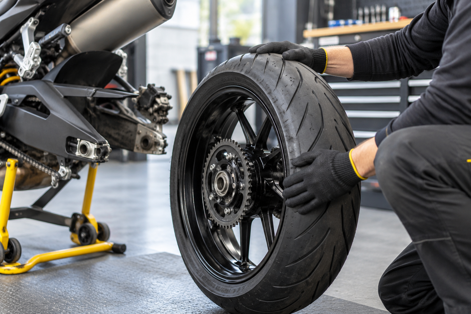 Motorbike tyre repair service illustration